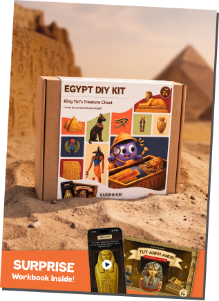 The The Egyptian Artefact kit box, with the app on a phone and the surprise workbook