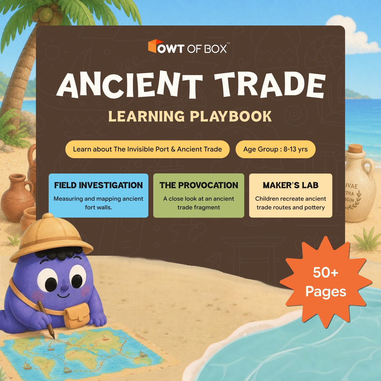 Owtofbox Ancient Trade Learning Playbook cover — The Invisible Port curriculum for ages 8-13